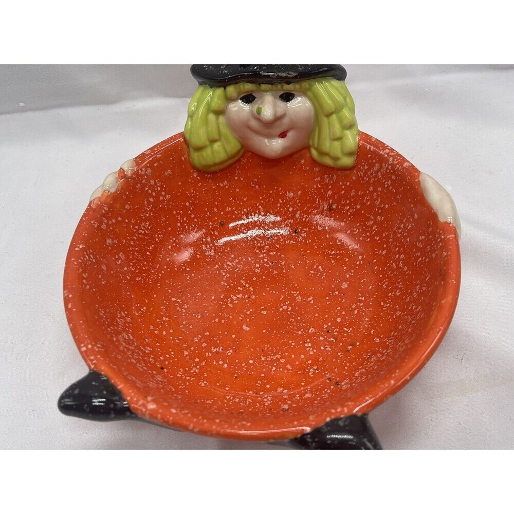 Cloe K Halloween Witch Candy Dish Bowl Ceramic Orange Green Black RARE - Picture 3 of 16